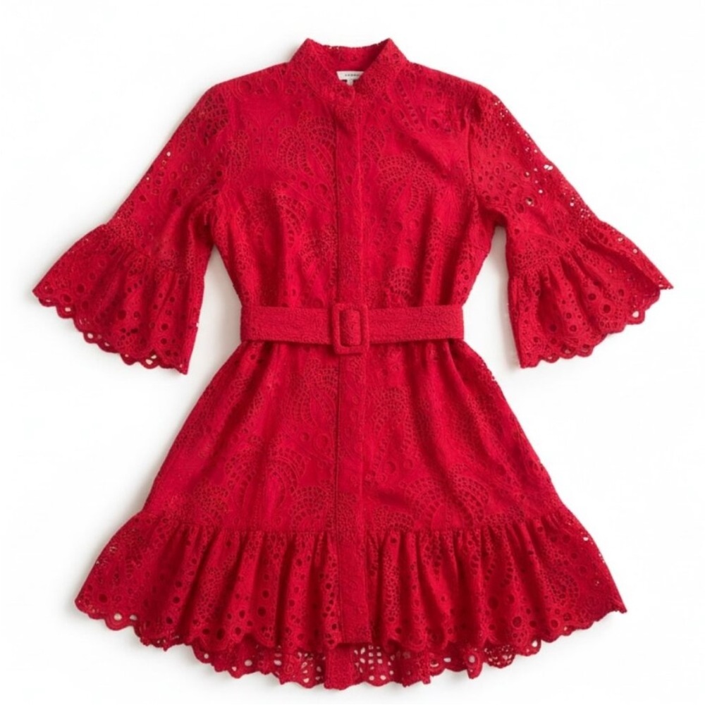 Farm Rio Red Palm Tree Mini Dress Eyelet Belted Size L NWT - Picture 15 of 15